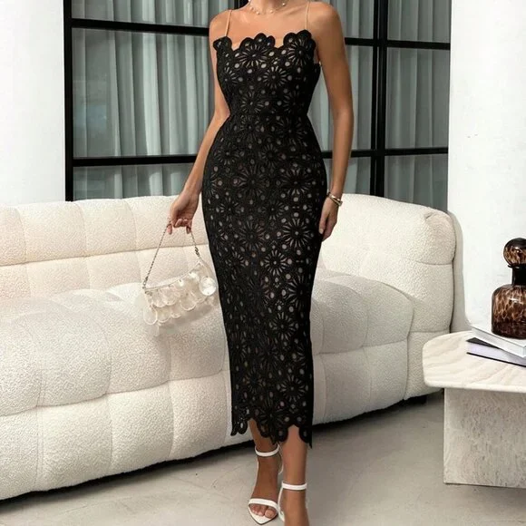 Black Elegant Women's Floral Asymmetrical Lace Mid-Length Dress - Picture 1 of 6